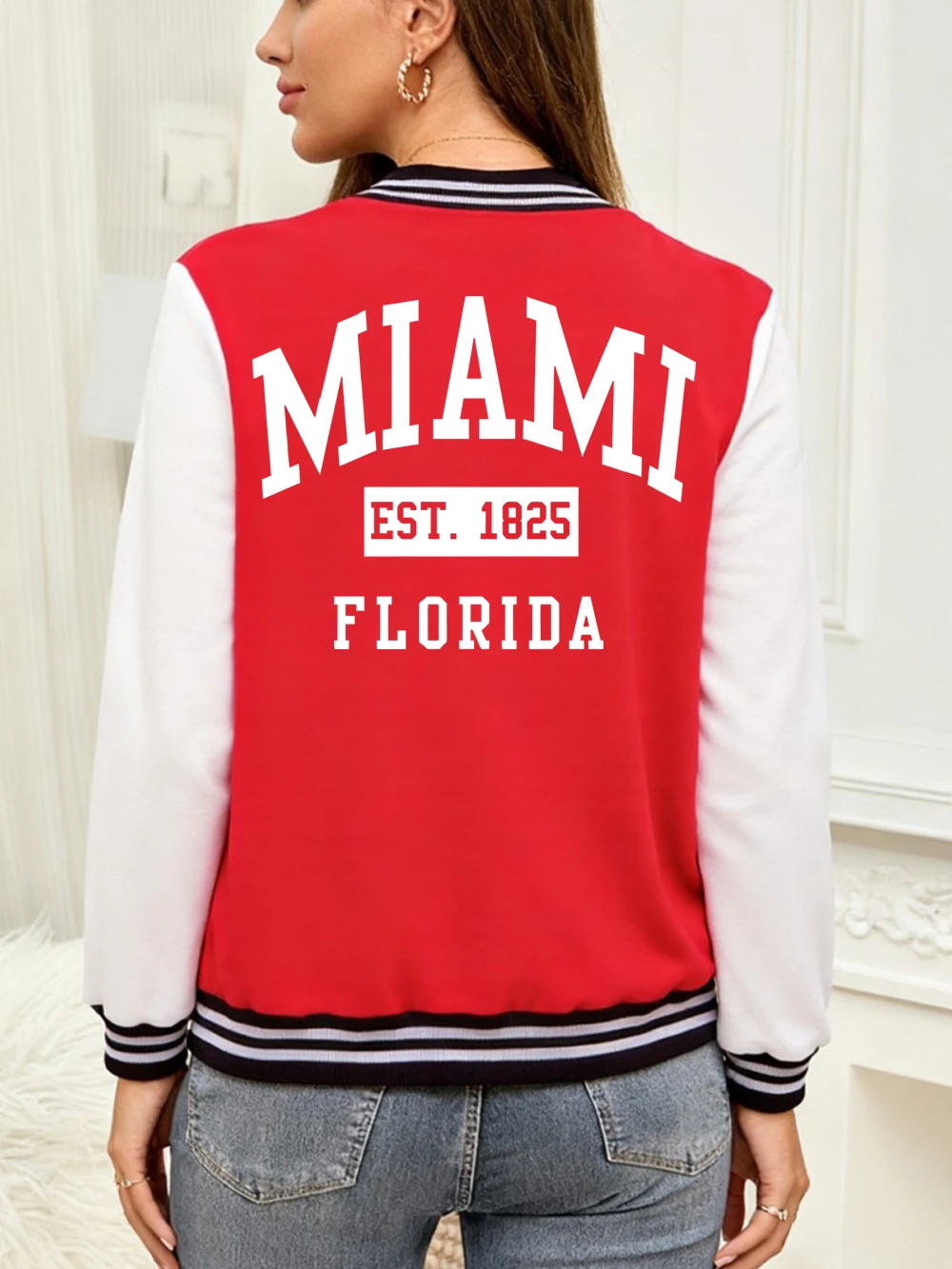 Фото Miami Est 1896, бейсбольное пальто с буквенным принтом Флориды, женские базовые спортивные куртки, уличные топы с карманами, зимняя теплая женская одежда №1