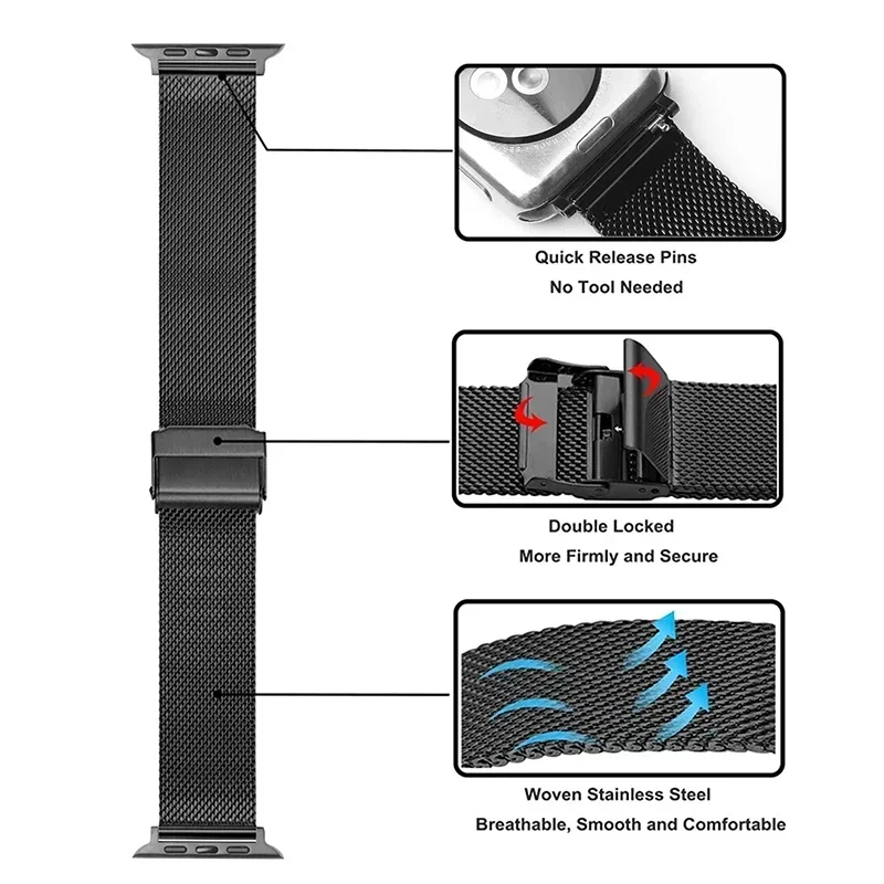 Миланский ремешок для Apple Watch Band 44 мм 40 45 41 42 46 Браслет из нержавеющей стали iWatch series