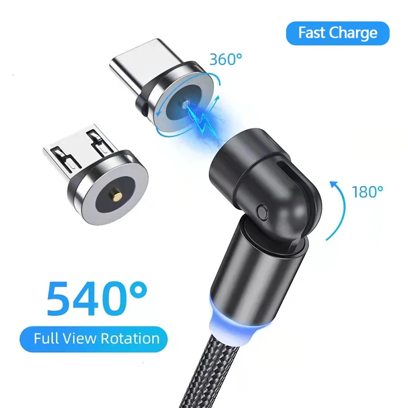 540° Rotate Magnetic Cable Type C Fast Charging Magnet Charger Micro USB Cable Mobile Phone Wire Cord for Huawei Xiaomi