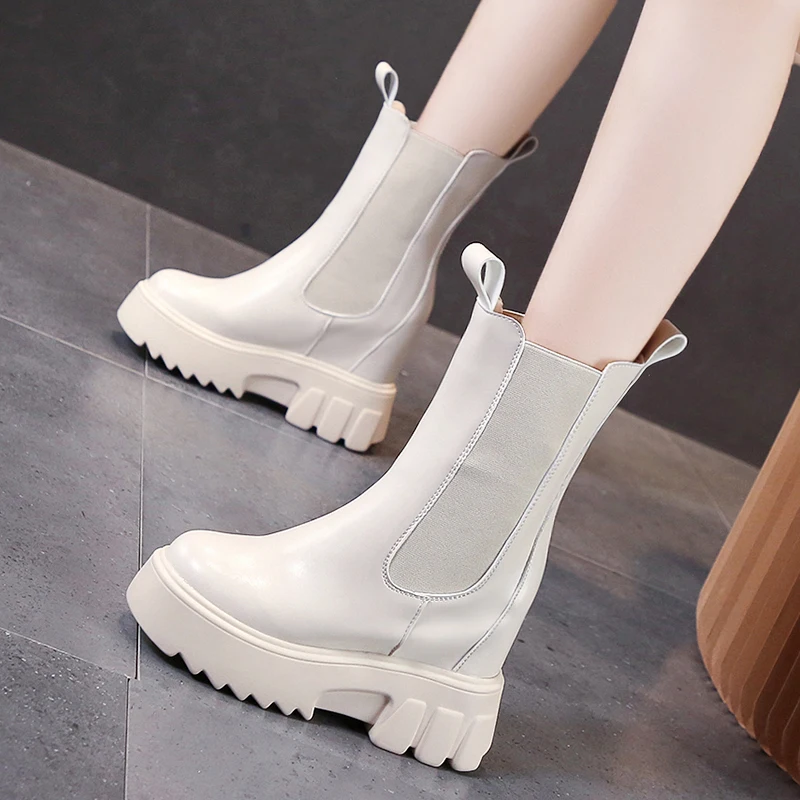 

Женские короткие ботинки в стиле ретро, зимние женские ботинки челси, модные женские ботильоны на платформе с круглым носком, до середины икры на массивном каблуке 10 см