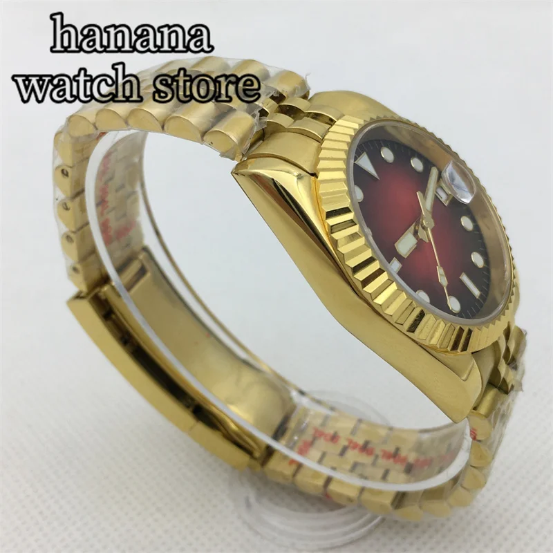 Роскошные автоматические золотые мужские часы BLIGER 36 мм 39 полированная Золотая