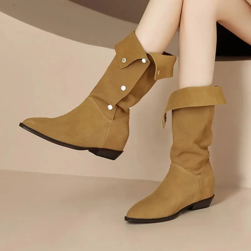 Женские Винтажные ботинки с воланом зимние до середины икры на массивном каблуке