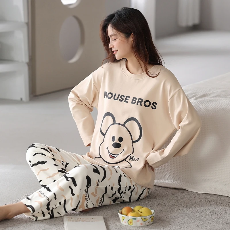 CAIYIER Smile Print Ladies Pajamas Set Autumn Winter Soft Simple Sleepwear O-Neck Cute Cartoon Girls Loungewear Women Homewear