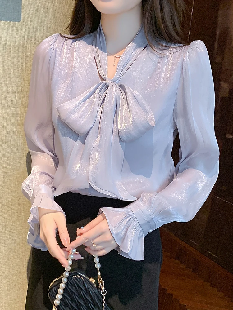 

QOERLIN Bow Blouse Party Tops Women 2023 Luxury Flare Sleeve Pearl Buttons Shirts S-2XL Elegant Purple Shirt Female Office Lady