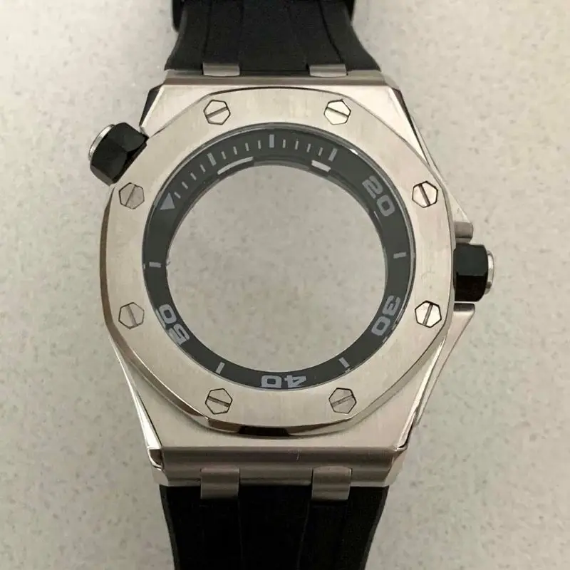 42mm NH35 Case Silver Watch Case With Rubber Strap Luminous Watch Dial Hands Fits NH35 NH36 Movement Sapphire Glass Diving Case