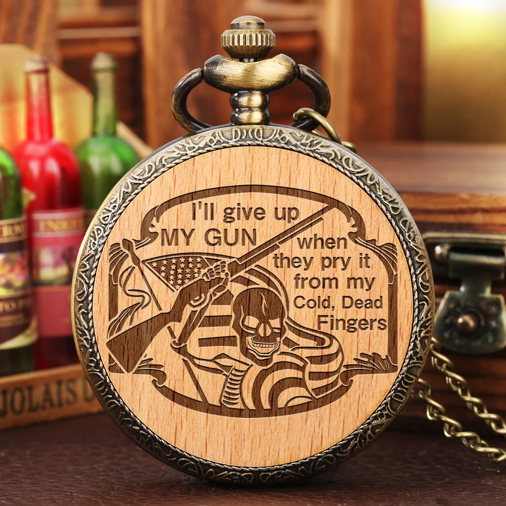 

Pocket Watch Necklace Flag Skull Engraved Wood Case Decorative Pendant Quartz Fob Watch and Chain Gifts for Men Relógio De Bolso