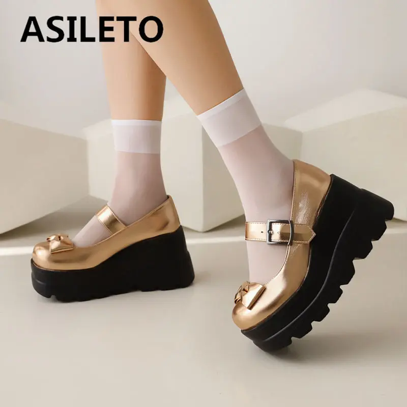 

ASILETO Lady Pumps Round Toe Wedges 10cm Ultrahigh Heel Platform Hill 5cm Buckle Strap Casual Female Shoes Bowknot Big Size 43