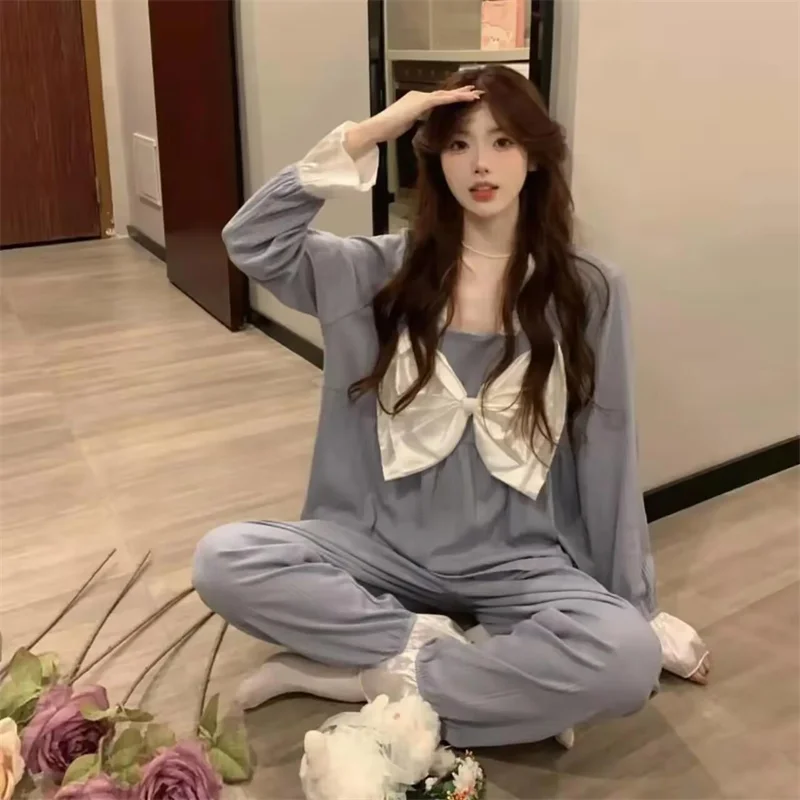 Cute Pajamas Set Full Sleeve Tops Long Pants 2Piece/Set Soft Bow Pyjama Big Size Sweet Homewear Cozy Plus Sleepwear