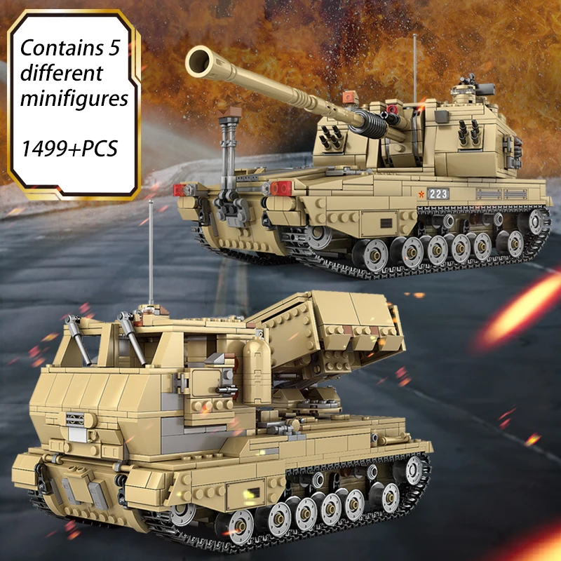 

1499PCS KAZI PHZ10self-Propelled Rocket Launcher Military Building Blocks Boy Assembled Toys Parent-child Model Tank Series Gift