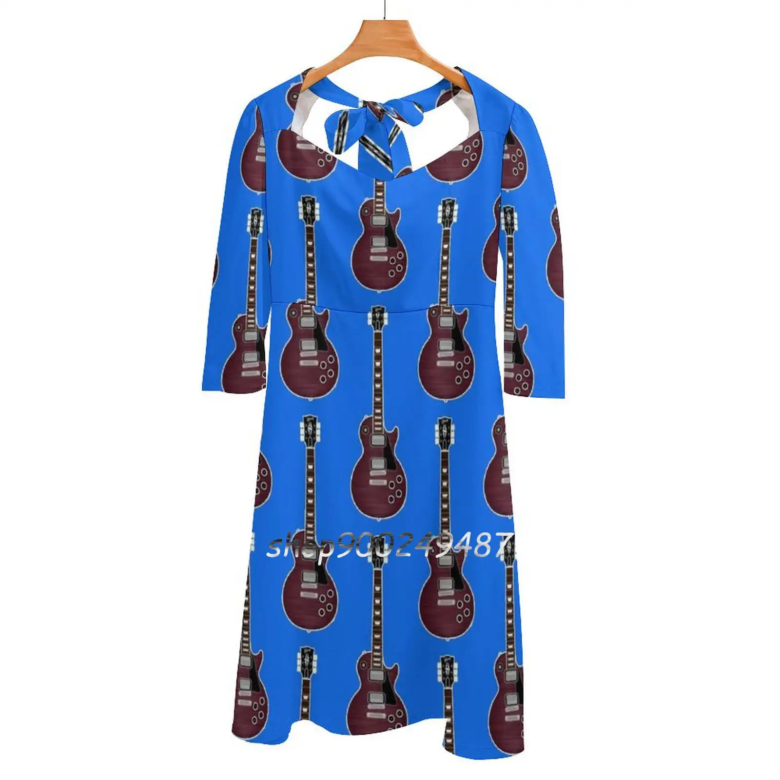 

Guitar Silhouettes - Square Neck Dress Sweet Summer Dress Women Elegant Halter Print Dress Guitar Headstock Tuning String Music