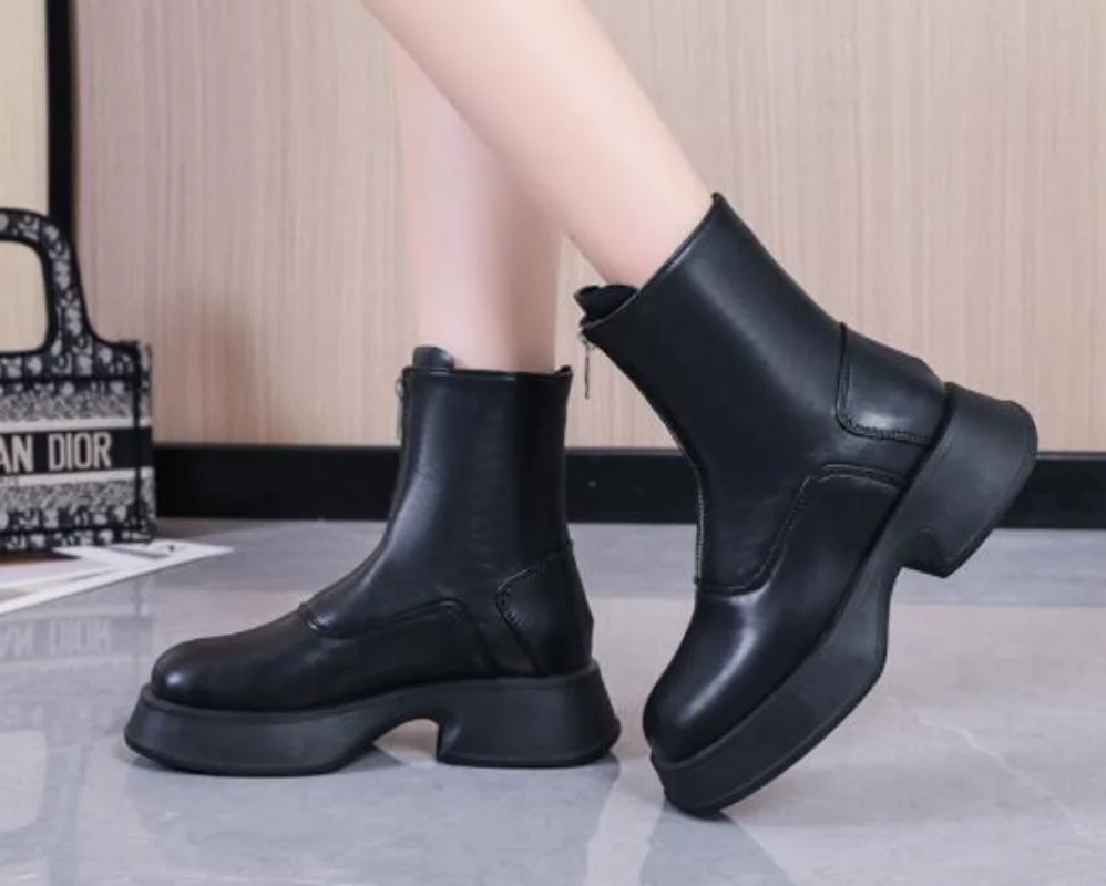 Women's Chelsea Boots Genuine Leather Fashion Fur Winter Boots Women Front Zipper British Style Women's Short Boots