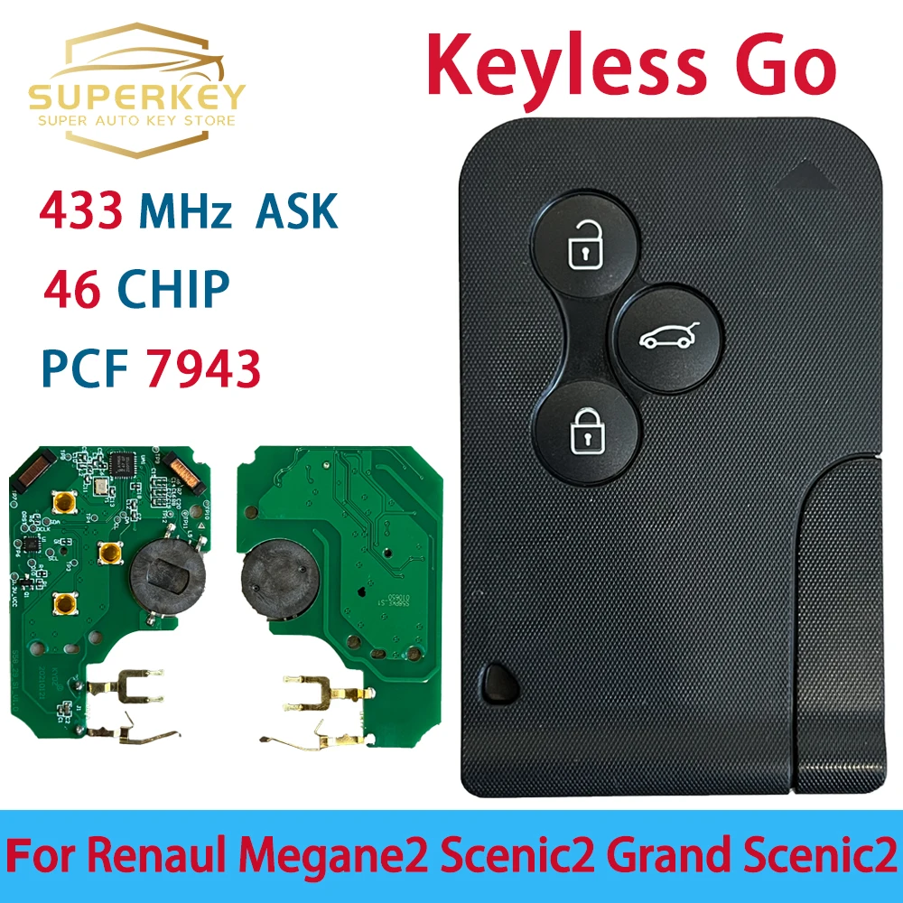 

Superkey 3 кнопки Keyless Go Key Card 433 МГц PCF7943 46 чип для Renault 2003-2008 Megane II Scenic II Grand Scenic II