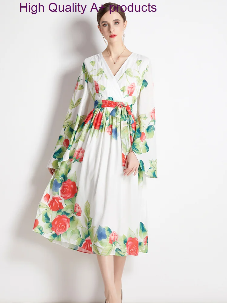 

Fashion Runway Autumn Floral Print Dress Women Designer Flare Sleeve V Neck Sashes Midi Vacation Party Vestidos Chiffon Robes