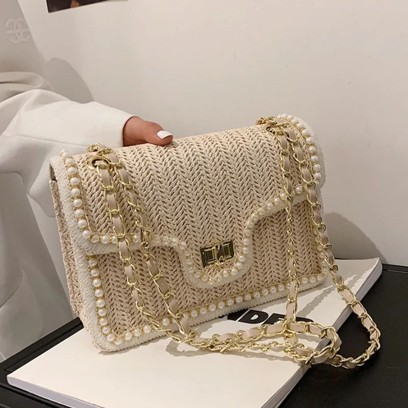 

Pearl Straw Woven Square Bags for Women 2023 New Fashion Summer Woman Shoulder Bag Chain High Quality Ins Popular Crossbody Bags