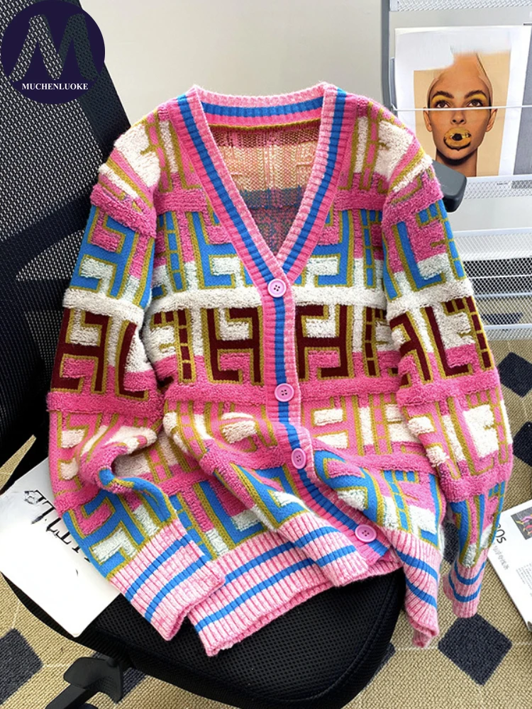 

Cardigan for Women Autumn/Winter New Rainbow Letter Knitted Sweaters Coats Korean Fashion Casual Loose Women's Clothing Cardigan
