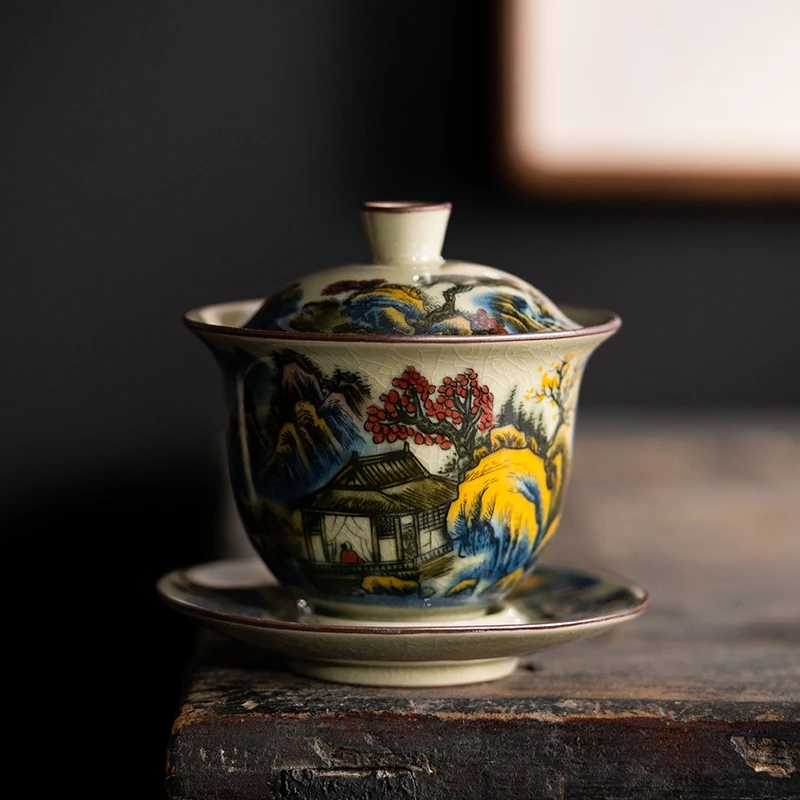 

Tea Opening For Lily Set Bowl Cup Chinese Tea Ceramic Tea Landscape Chawan Gaiwan Tureen Deng's Store Colorful Teaware