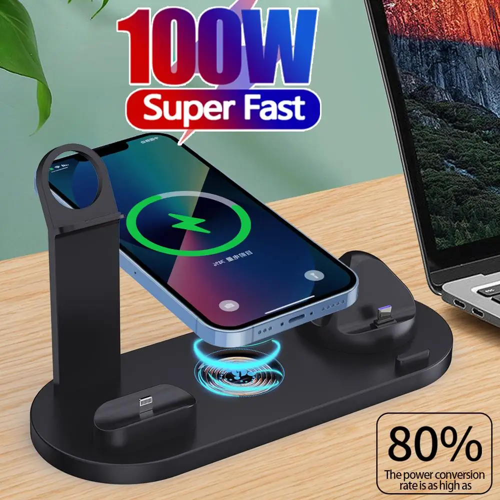 

100W 8 in 1 Qi Wireless Charging Induction Charger Stand For iPhone 14 13 12 11 Pro Max XS XR Airpods 3 Pro Apple Watch 7 6 SE 5