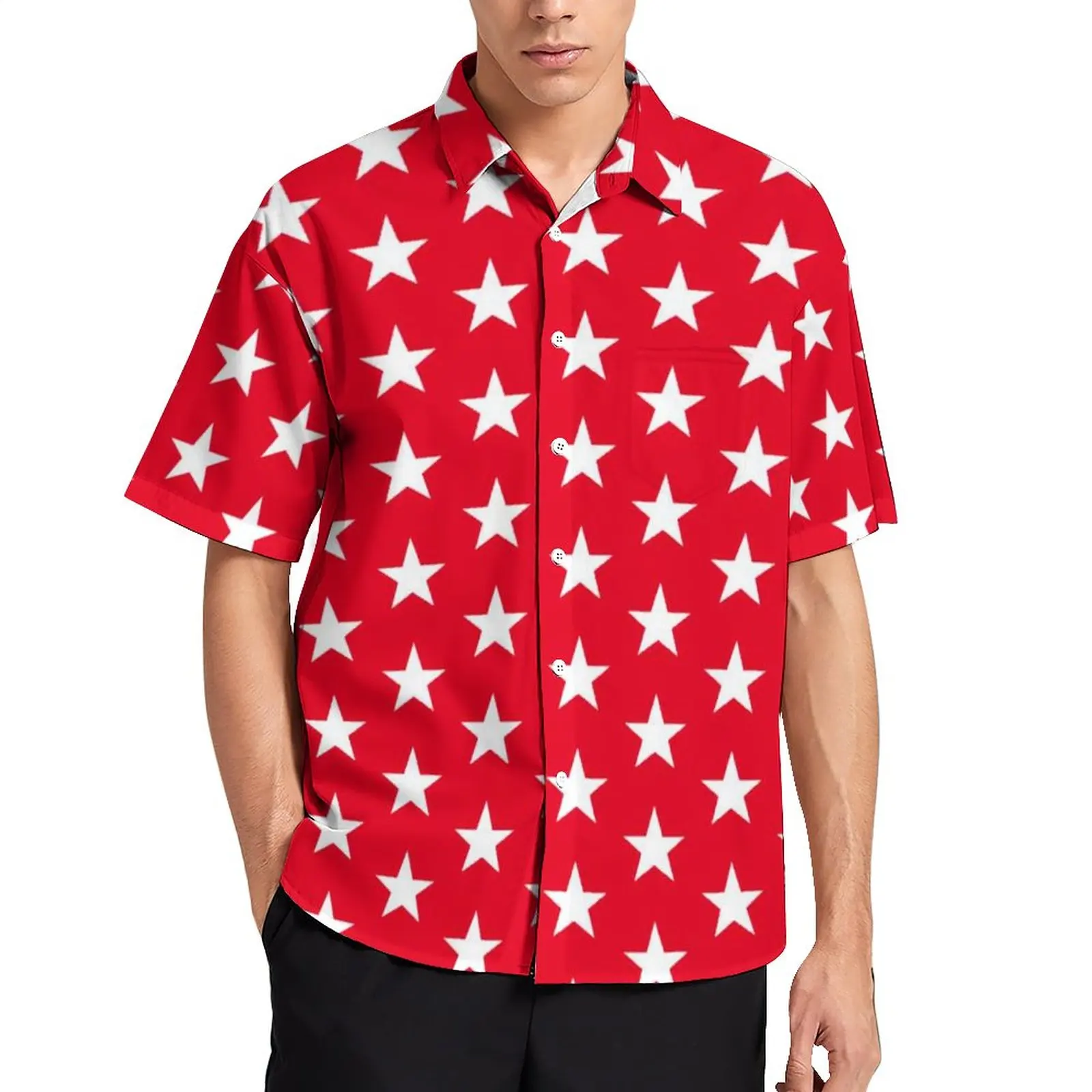 

White Star Casual Shirt Athletic July 4th Stars Print Vacation Loose Shirt Hawaiian Streetwear Blouses Short Sleeve Oversize Top