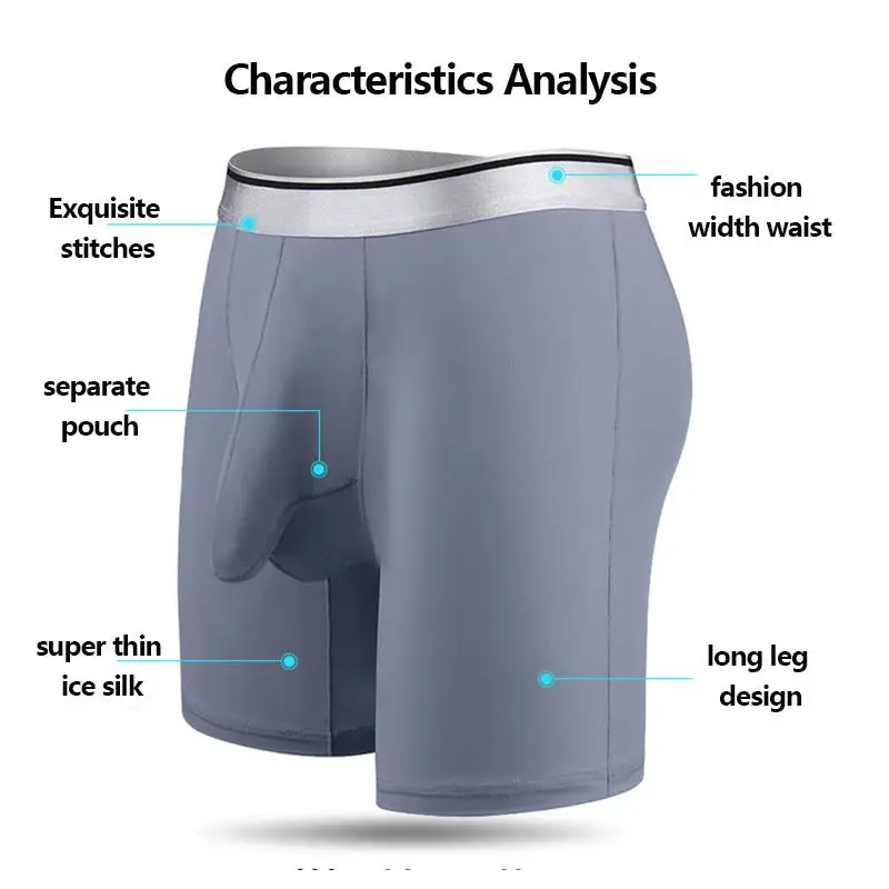 Ice Silk Fitness Long Boxer Shorts Underwear Men Sporty Sexy Underpants Penis Bag Pouch Stretch Boxers Sportswear Male Panties