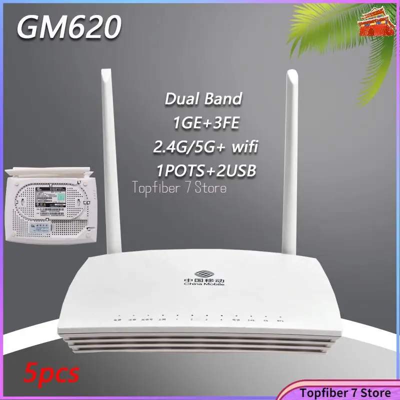 

5pcs Original GM620 GPON ONT ONU FTTH Dual Band 1GE+3FE+1POTS+2USB+2.4G/5G+ wifi With Remote Fiber English Modem No Power Used