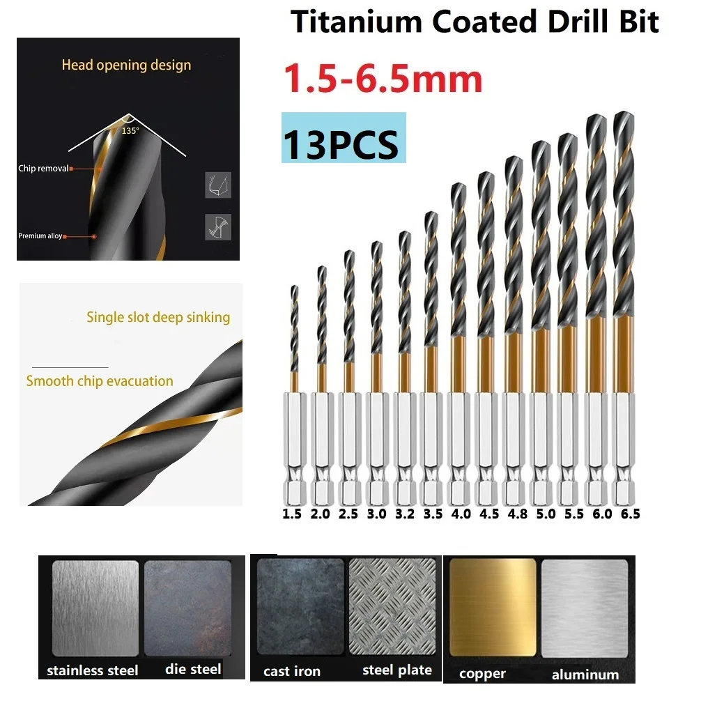 

20pcs 1.5-6.5mm Twist Drill 1/4 "hex Shanks Hss Titanium Coated Drilling For Cordless Screwdrivers Woodworking Power Tools