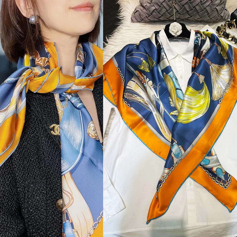 

BYSIFA| Orange Blue 100% Silk Scarf Shawl Fashion Brand Design Ladies Square Scarves Headscarves Fall Winter Neck Scarves Hijabs