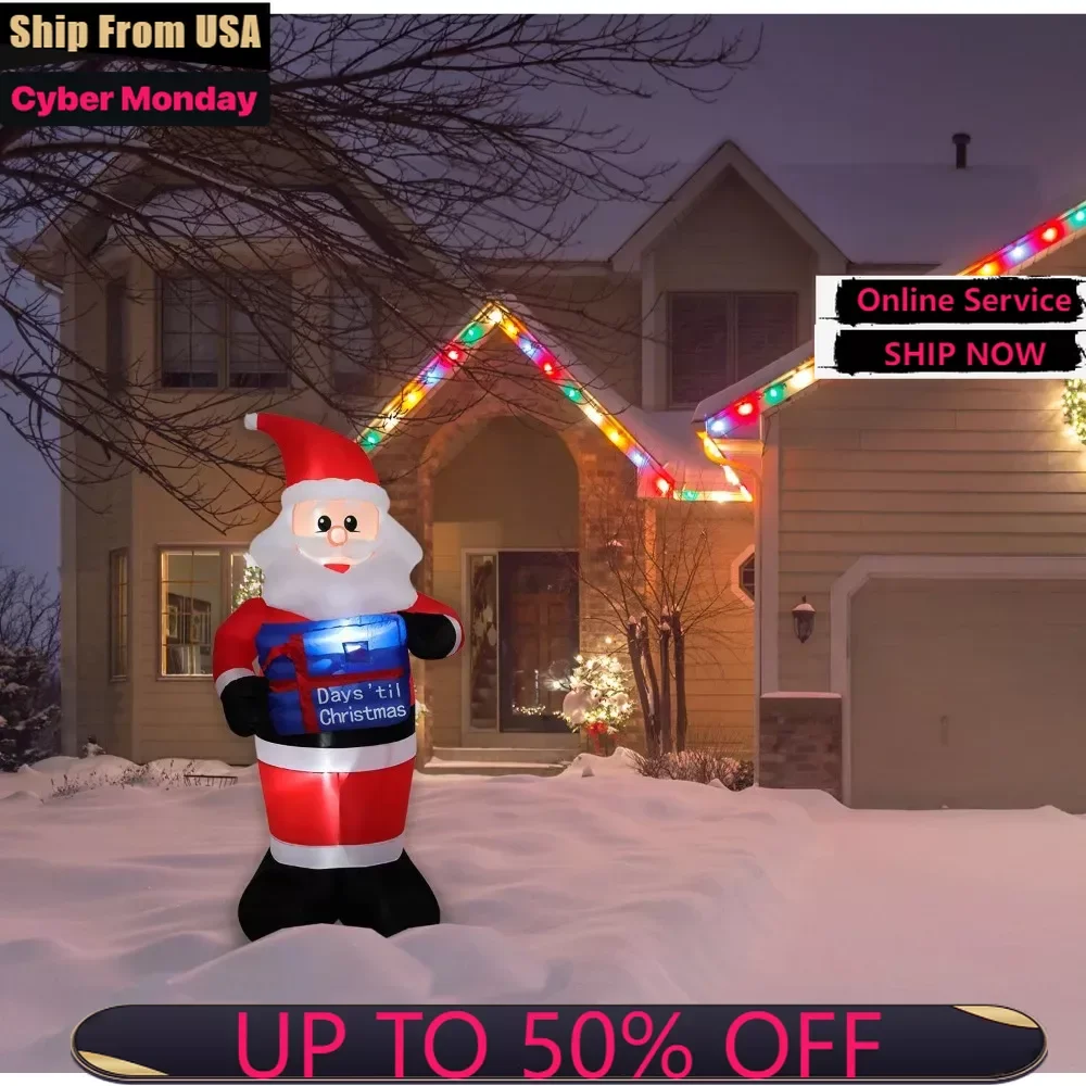 

7-Ft. Inflatable Santa Claus with a Countdown and LED Lights | Holiday Blow-Up Decoration | Blower, Stakes, Ropes