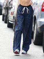 ledp womens sporty pants casual stylish summer dark blue basic wide leg trouers minimalist streetwear harajuku joggers