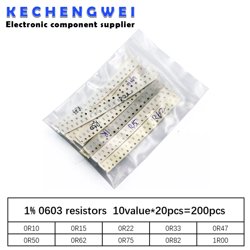 

Резисторы SMD 200 1% в ассортименте, 10 значений * 20 шт. = 0603 шт. 1R00 R820 R750 R620 R500 R470 R330 R220 R150 R100, 200 шт.