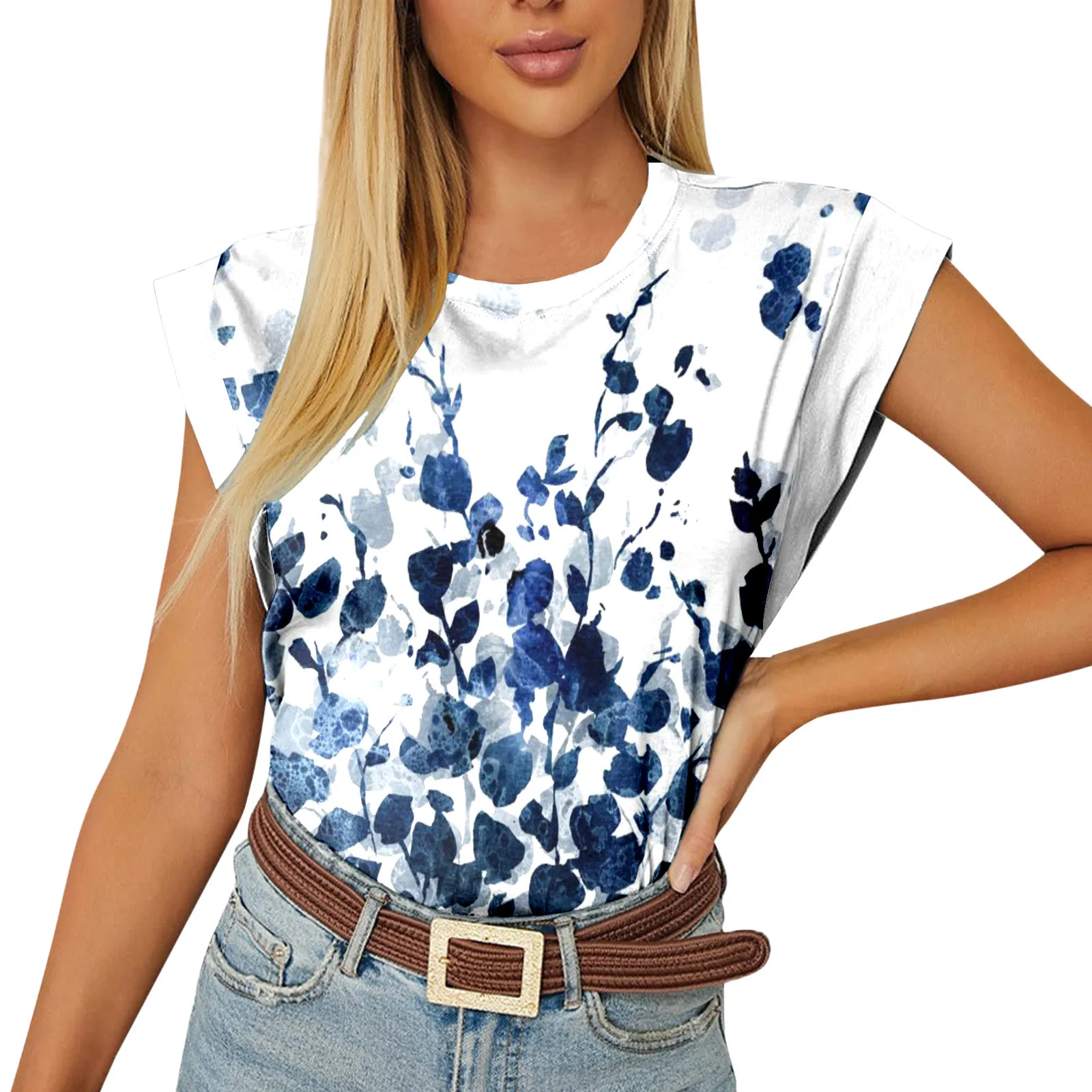

Fashion Women's Flower Printed Short Sleeves Crew-Neck Casual Tee Tops Summer Ladies Streetwear Pullovers Vintage Blouse Blusa