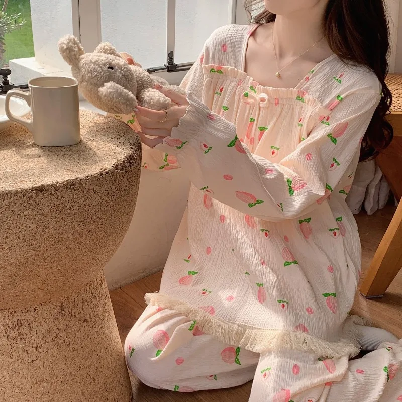 Пижамные комплекты для женщин с нагрудными подушечками длинным рукавом милые
