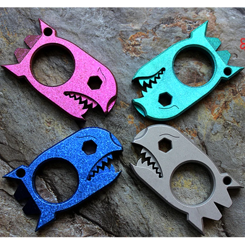 

Titanium Alloy EDC Shark Self-defense Outdoor Holder Finger Ring Multifunction Tools Window Breaker Bottle Opener Crowbar