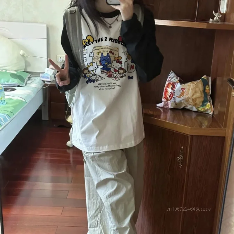 Футболки Hello Kitty из чистого хлопка с забавным принтом и круглым вырезом корейская