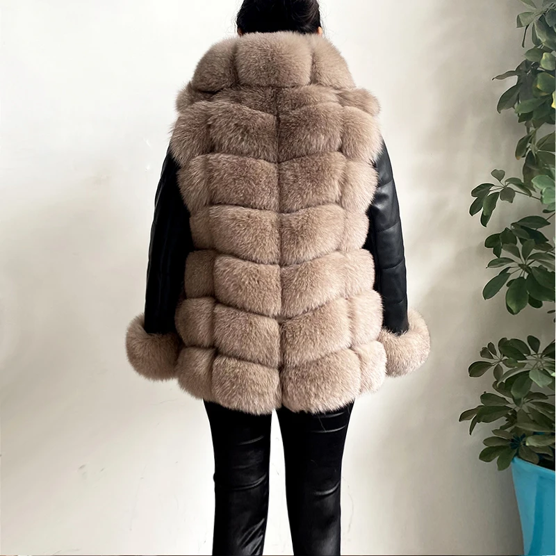 Female 100% Real Fur Coat Women's Winter Warm Fox Fur Coat Genuine Leather Jacket Nice Stylish Fur Collar Long Sleeves enlarge