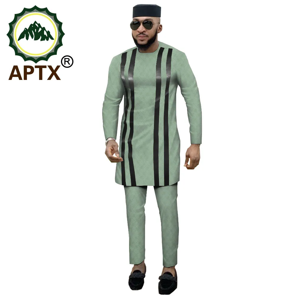 APTX jacquard fabric cotton Muslim suit for men tailor made full sleeves top+ slim pants men's casual suit T1916021