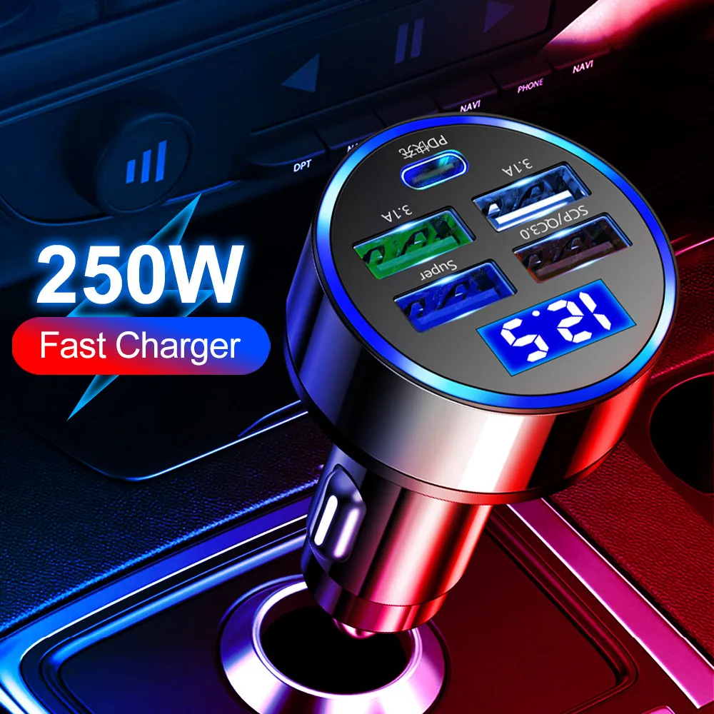 

5 Ports Car Charger USB Type C 250W Fast Charging PD QC 5.0 Mobile Phone Power Adapter in Car For iPhone 14 13 Samsung Xiaomi