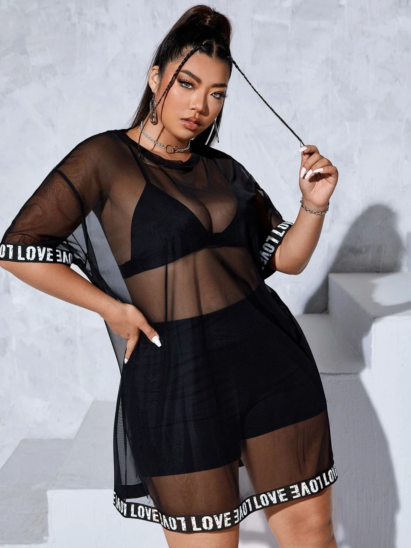 

Plus Letter Tape Drop Shoulder Mesh Dress