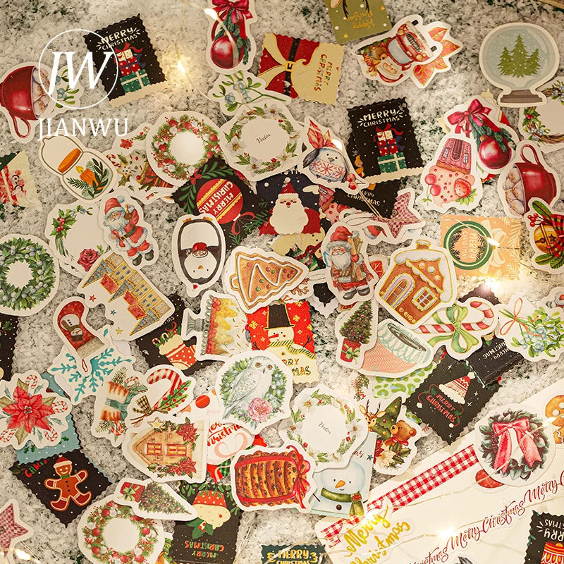 

JIANWU 46Pcs Cartoon Christmas Boxed Stickers Bronzing Stamp Merry Christmas Decoration Cute Stickers Kawaii Stationery Supplies