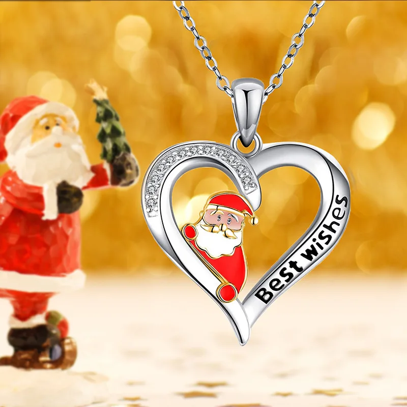 

Christmas Santa Claus Pendant Necklaces For Women Men Trendy Best Wishes Heart Pendant Necklace Fashion Jewelry Gifts