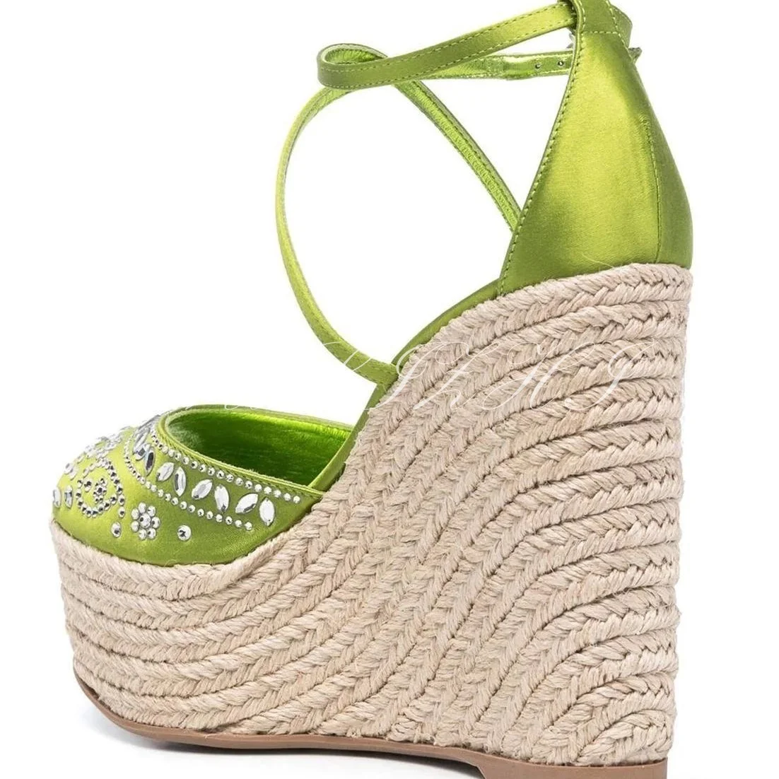 Pink Drop Diamond High Wedge Sandals Peep Toe Green Silk Satin Glossy Cover Heel Platform Cross Strap Design Buckle Women Shoes