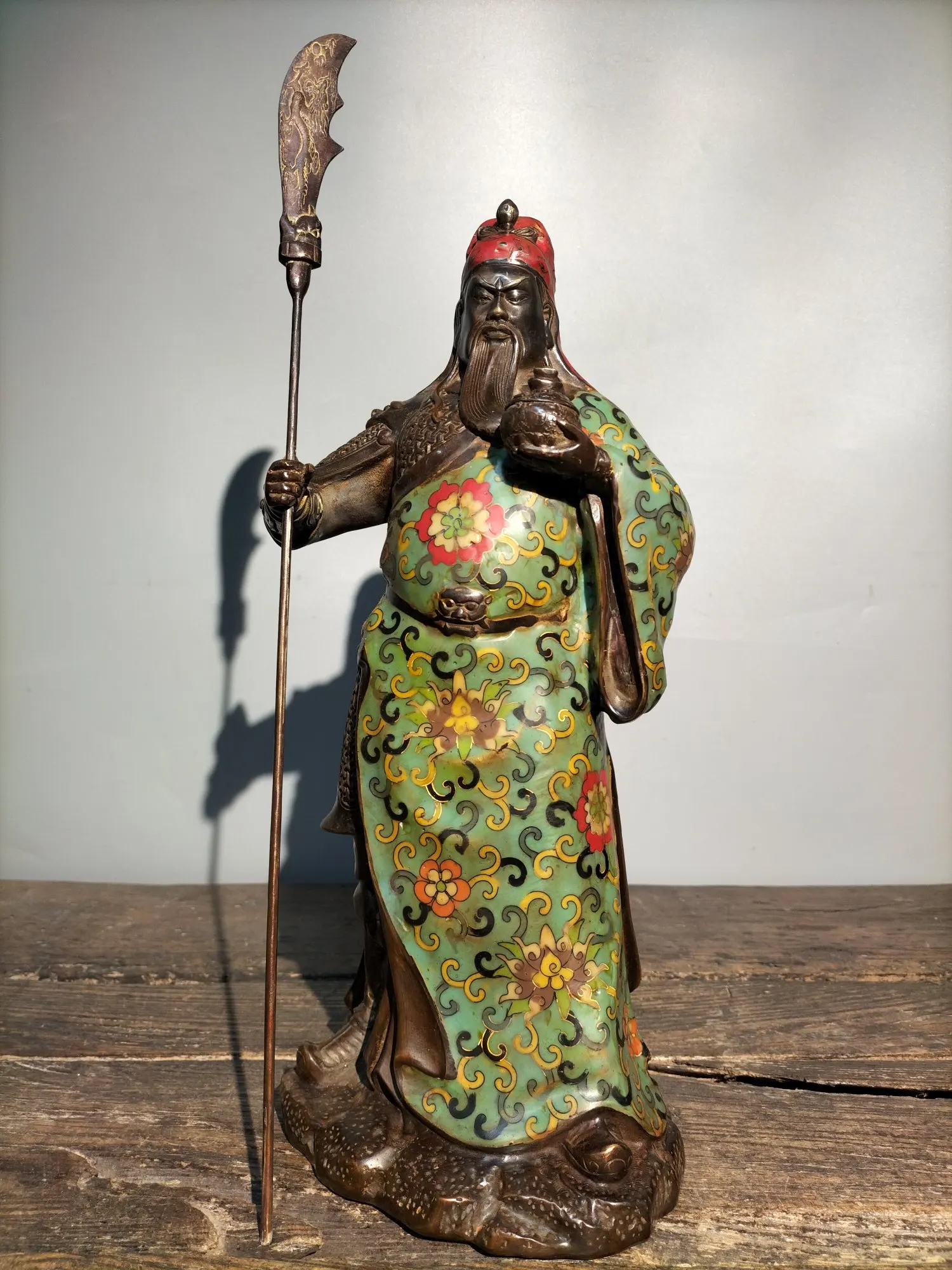 

17"Tibetan Temple Collection Old Bronze Cloisonne Enamel Guan Yu God of Wealth Knife Loyalty ornament Town house Exorcism