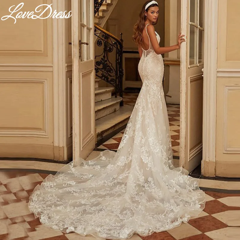 Lovedress Spaghetti Strap V-Ausschnitt Hochzeit Kleid Meerjungfrau 2022 Für Frauen Boho Braut Kleid Spitze Backless Sleeveless Vestido De Novia
