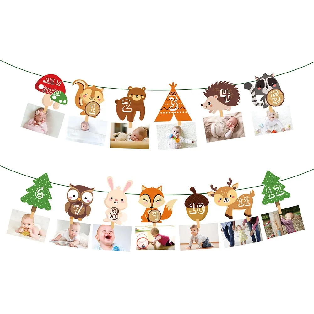 

Cartoon Woodland Forest Animals Theme Hanging Banner Wall Bunting First Birthday Baby Shower Party Photo Dispaly Decor Supplies