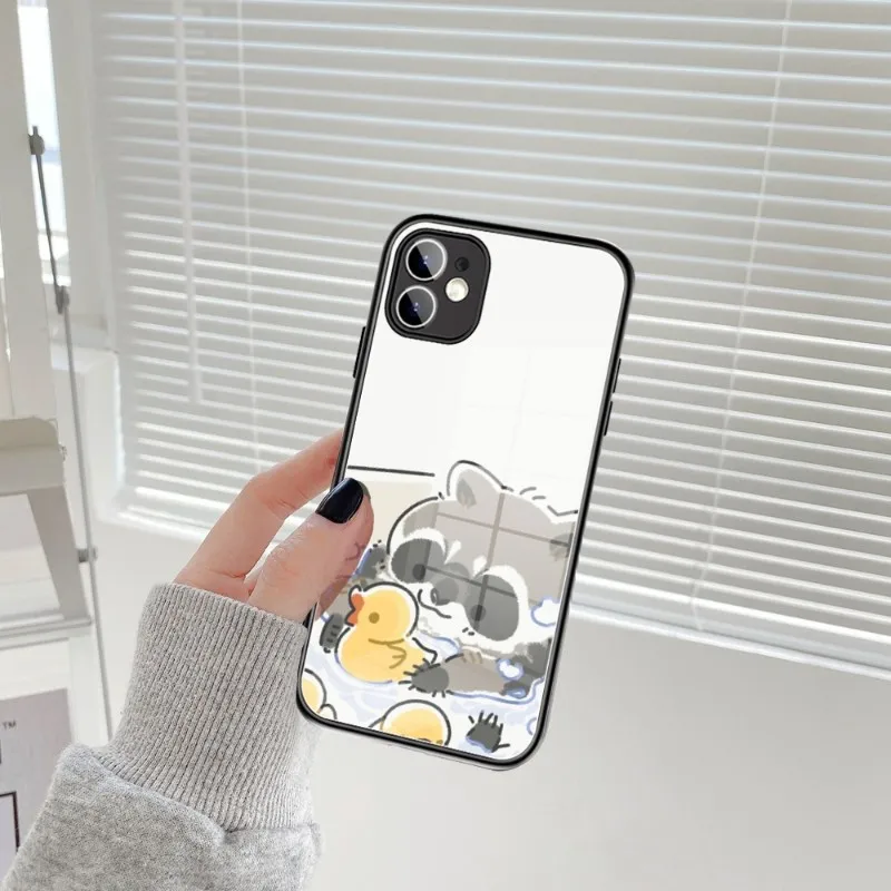 Cute Cartoon Animal Raccoon Phone Case Glass for IPhone 11 12 13 14 Pro XR XS MAX 8 X 7 14 Plus SE 13 Pro Design Iphone Covers