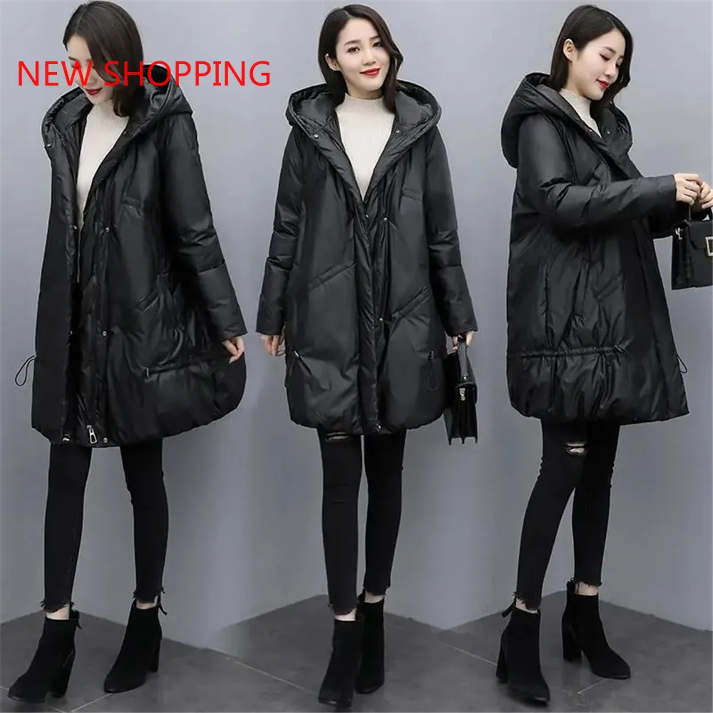 Women Thicken Cotton Jacket Winter 2023 Fashion Loose Warm Glossy Mid-Length Coat Hooded Solid Parka Oversized Parkas Down Coats
