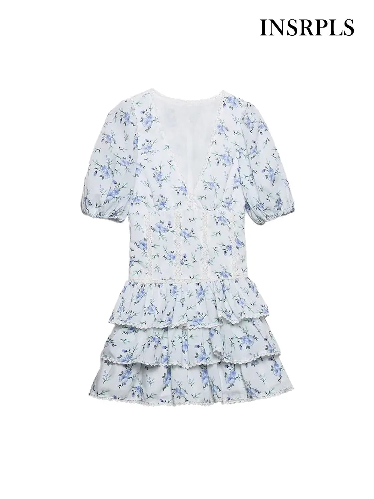

INSRPLS Women Fashion Cutwork Embroidery Printed Ruffled Mini Dress Vintage V Neck Lantern Sleeve Female Dresses Vestidos Mujer