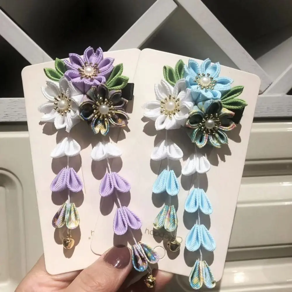 Фото Аксессуары для Ханьфу: Японский головной убор для кимоно, тканевая заколка ручной работы с цветком сакуры, в старинном стиле, милая заколка-цветок с кисточками №2