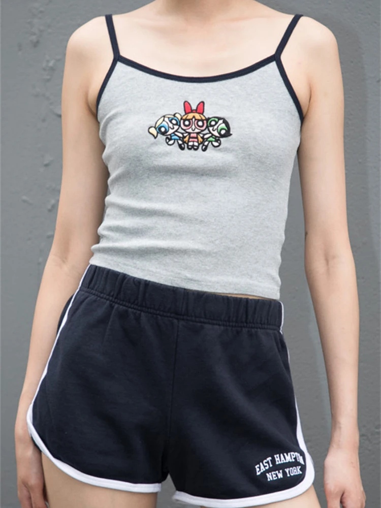 Women Shorts Embroidery Powerpuff Girls Shorts Fashion Sling Vest Brandy Tank Tops Sweatpants Melville Woman Summer Shorts Pants