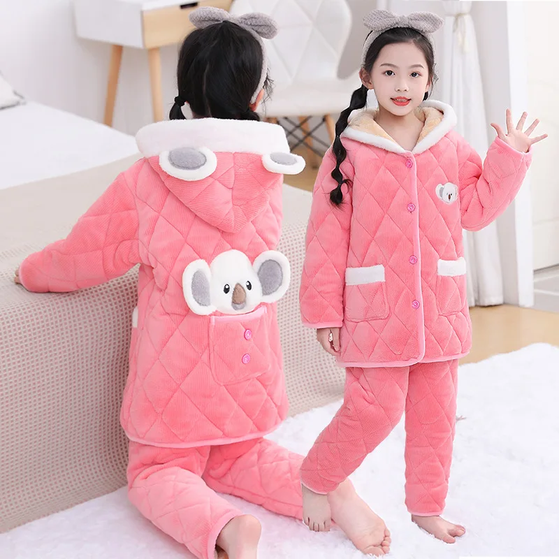 Купи Children's Triple Layer Padded Pajamas Autumn Winter Boys and Girls Loungewear Flannel Coral Fleece Pajama Set за 2,100 рублей в магазине AliExpress