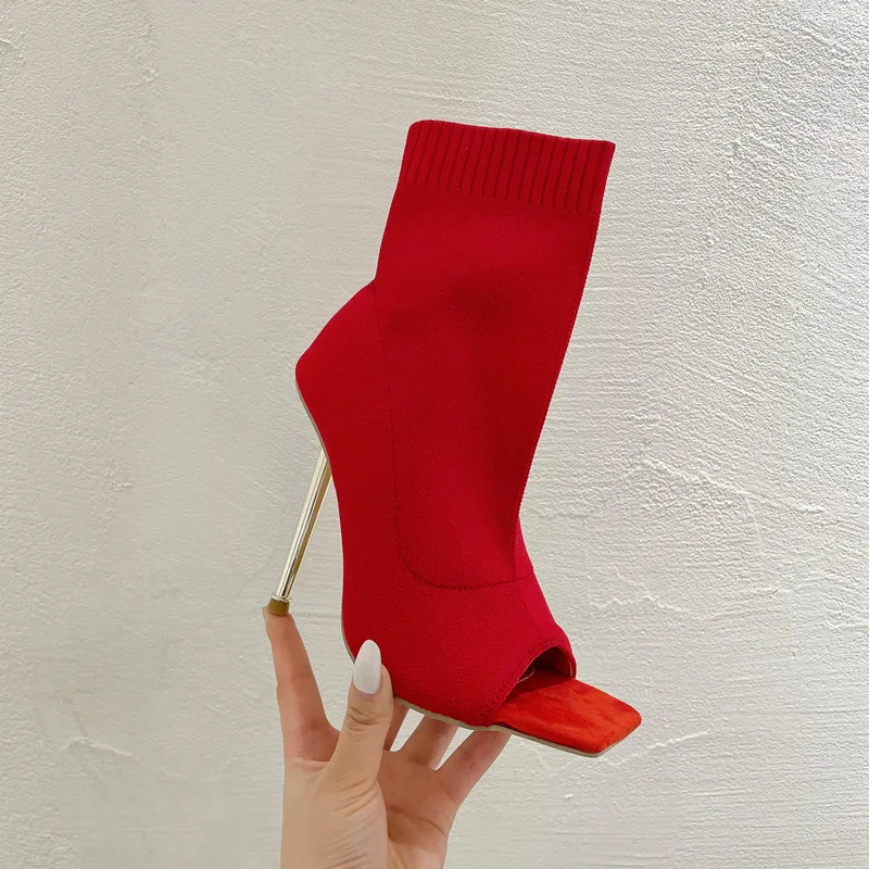

2023 New Red Green Women Ankle Boots Peep Toe Metal Heel Knitted Stretch Fabric Boots Sexy Cut-Out Thin High Heels Shoes